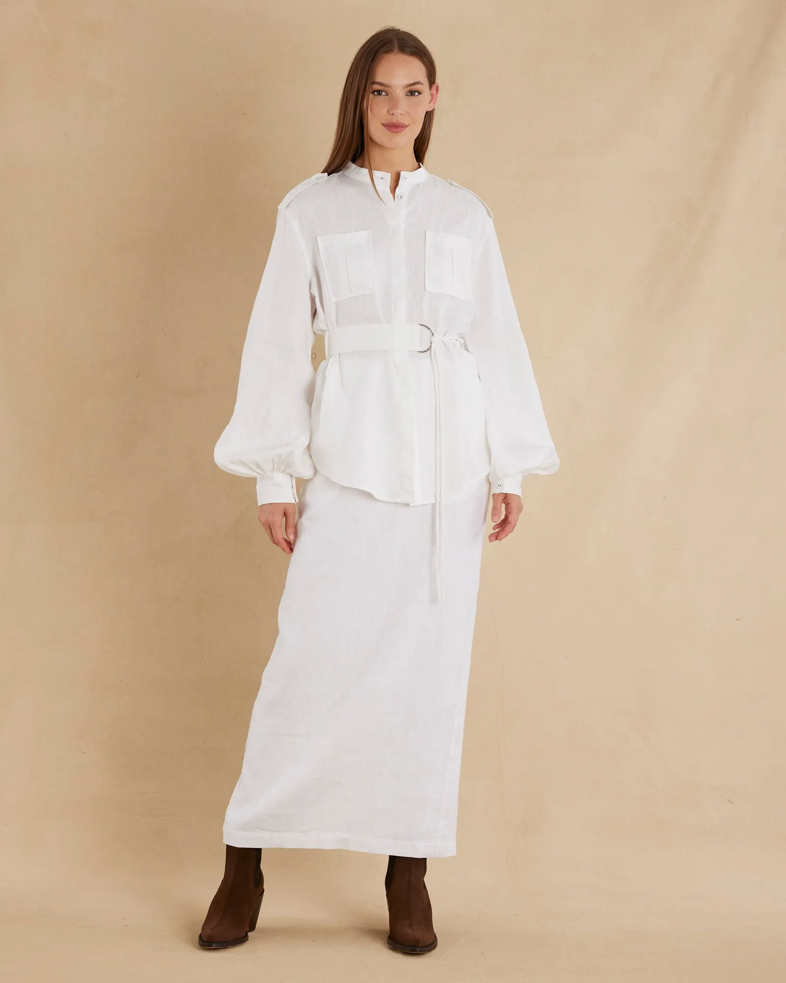 Yvette Linen Belted Shirt - White